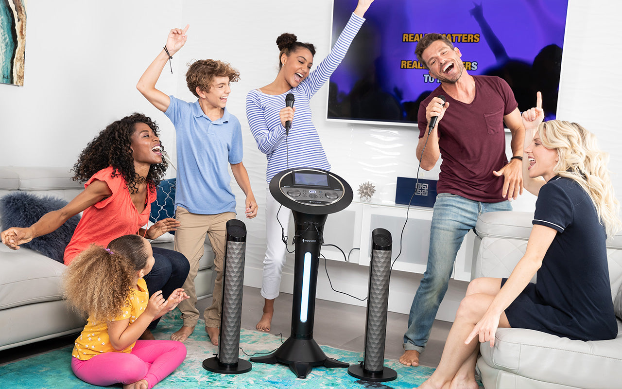 Singing Machine ISM1030BT Bluetooth Pedestal Karaoke System with Resting  Tablet Cradle and 7LCD Color Monitor and Two Microphones, Black 
